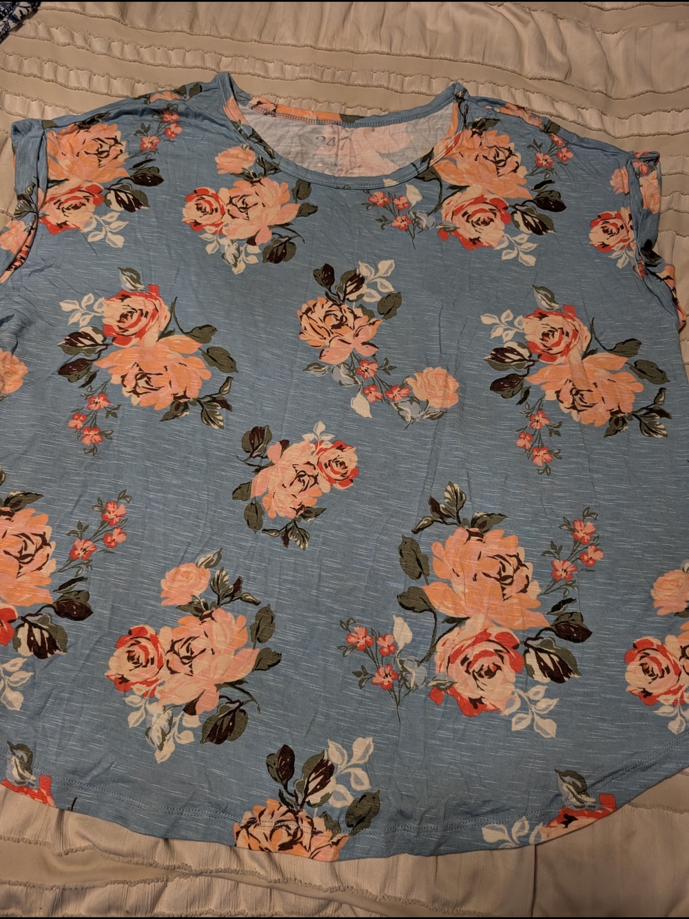 Maurices Blue Short Sleeve Floral Tee with Peach Roses